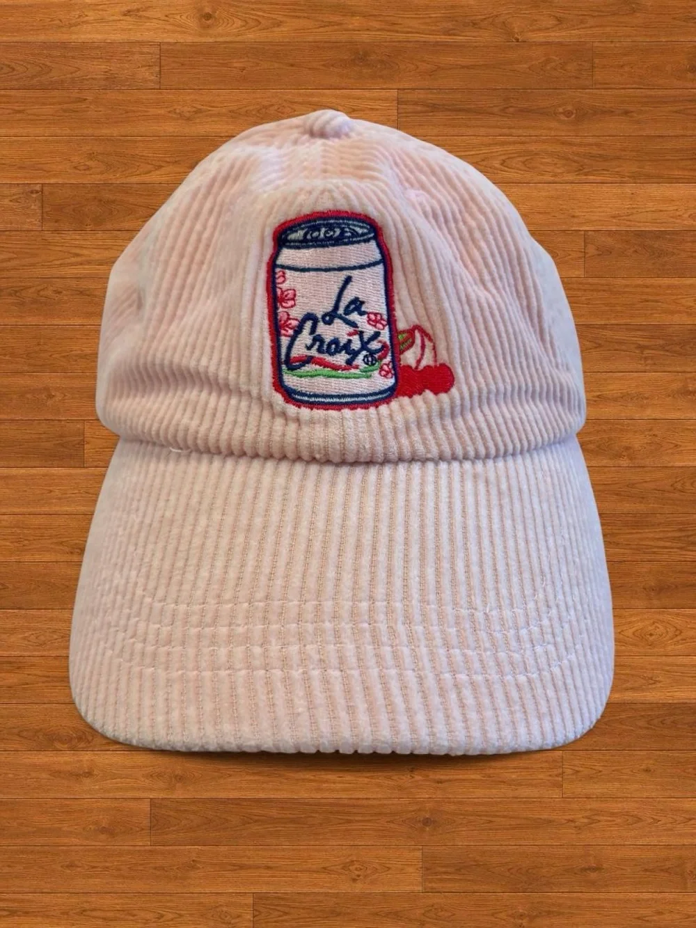 Corduroy Pink Baseball Cap with La Croix Can Embroidery